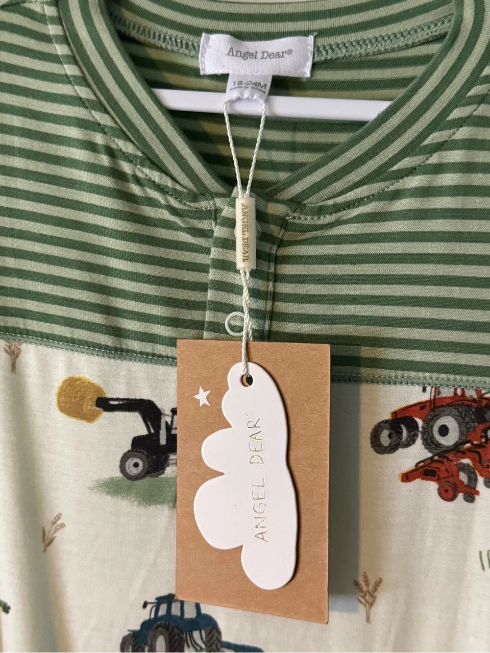Angel Dear Green Striped & Cream Tractor Print Romper